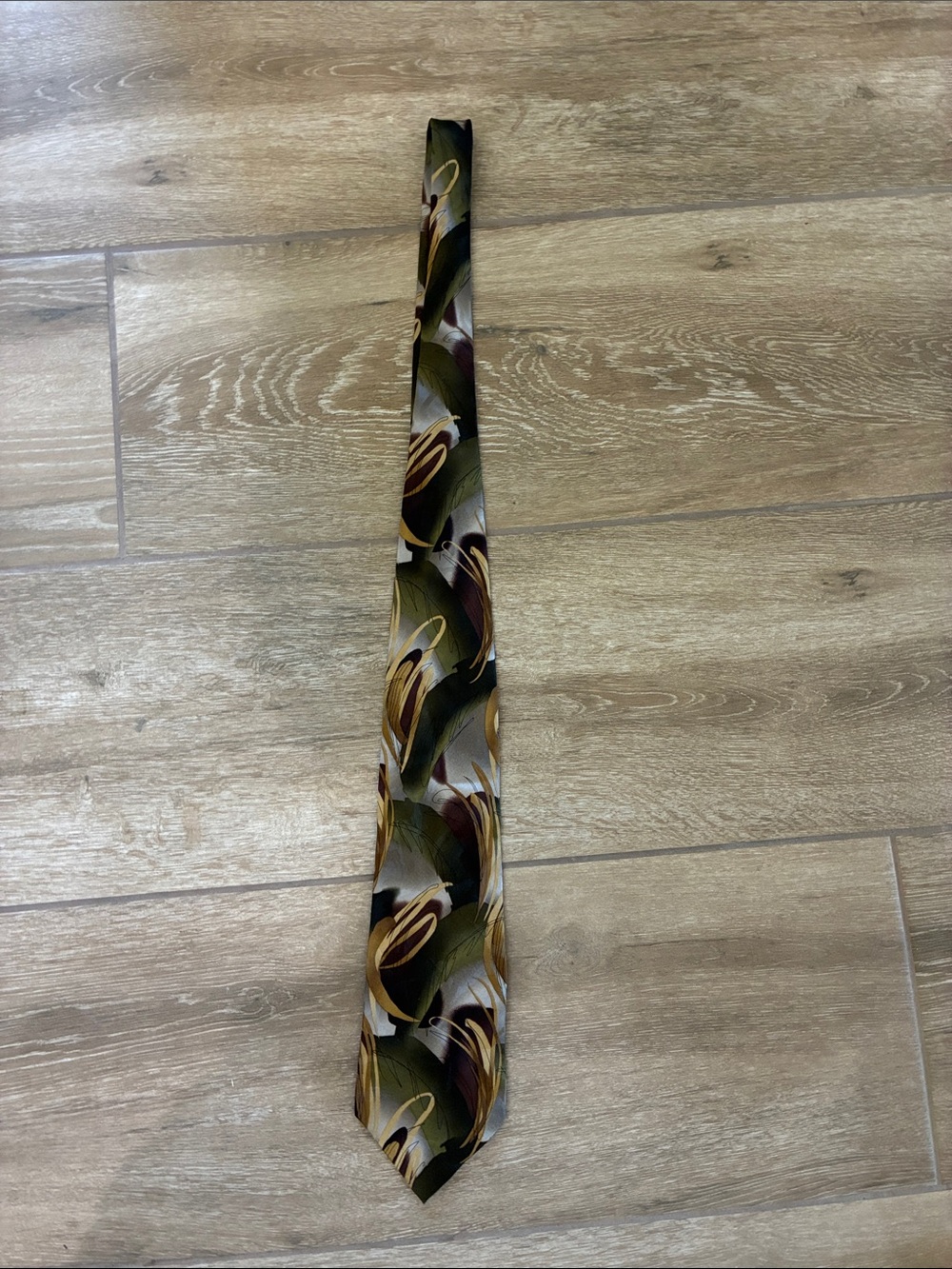 Silk J. Garcia Olive, Brown and Gold Abstract Pattern Tie